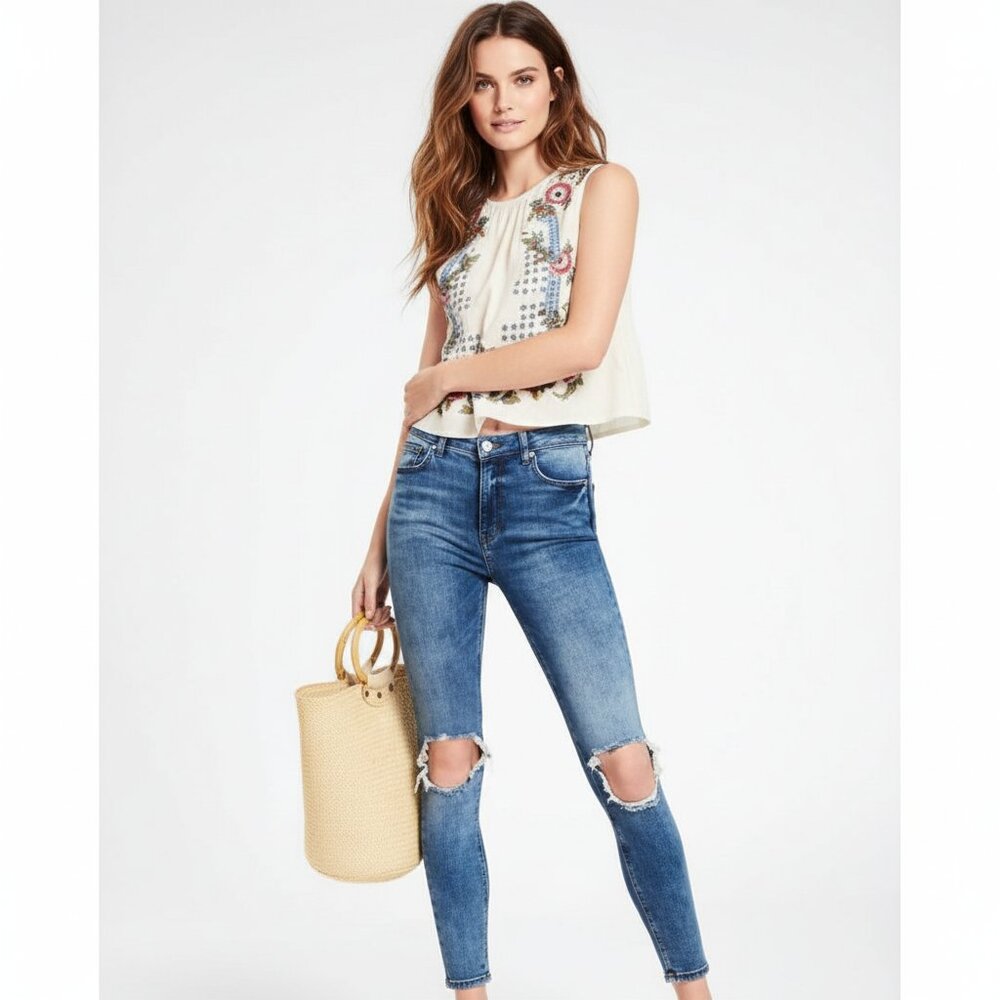 Free People Distressed High-Rise Skinny Jeans - 28 - Picture 2 of 8